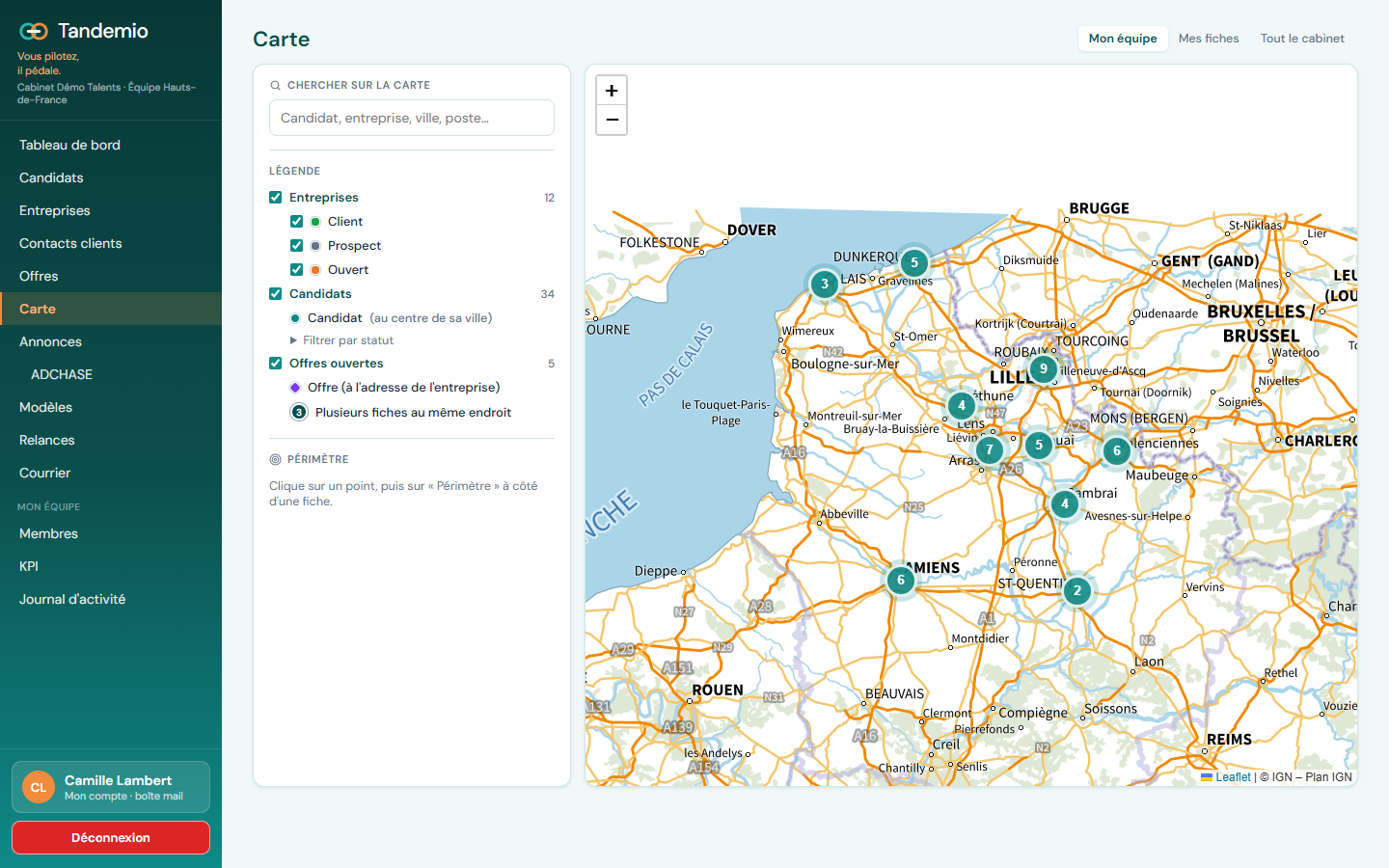 Carte des candidats et des entreprises autour d'un client