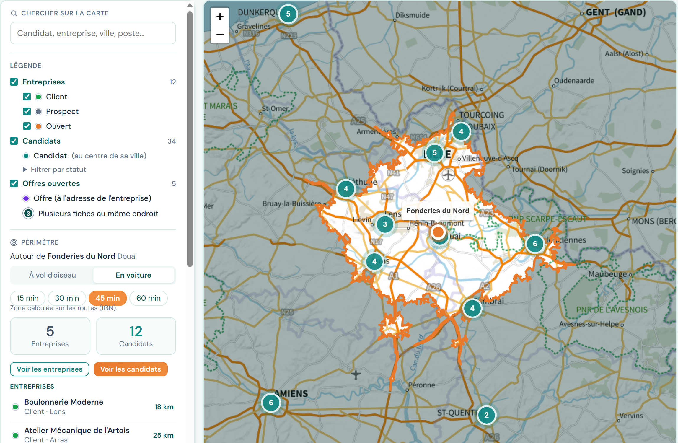 Carte avec périmètre en minutes de route