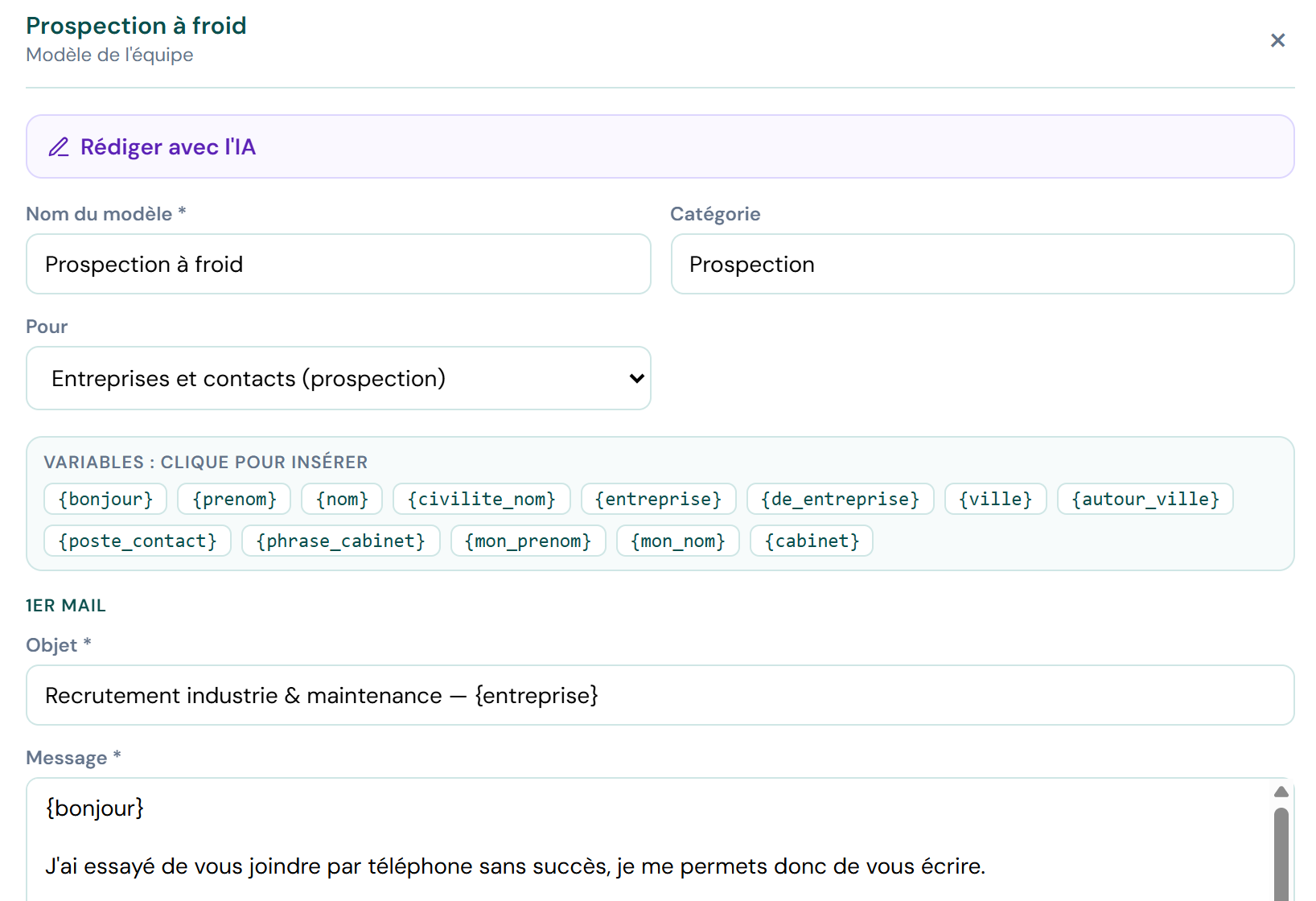Modèle de mail avec variables à insérer